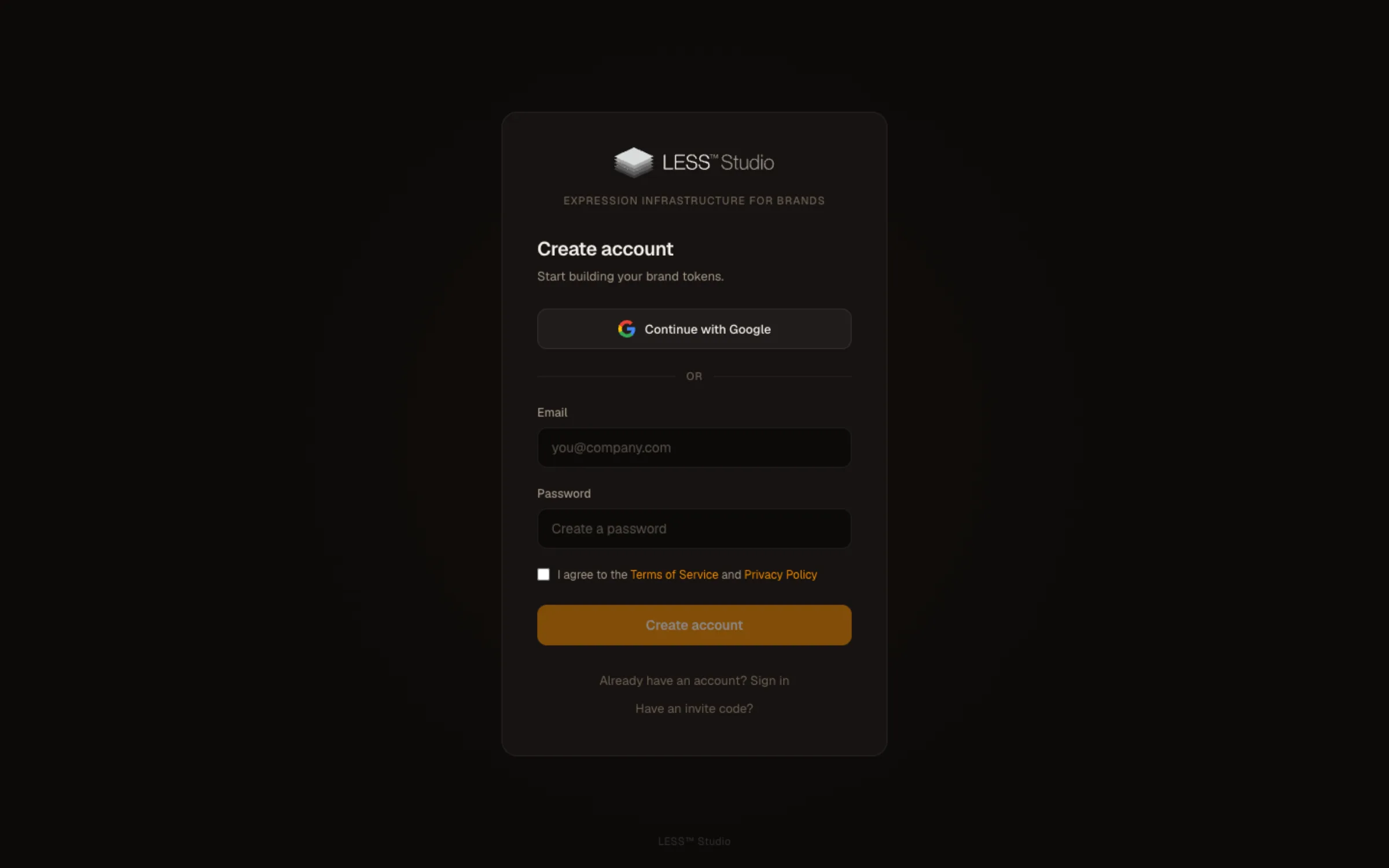 The Designless account creation screen.