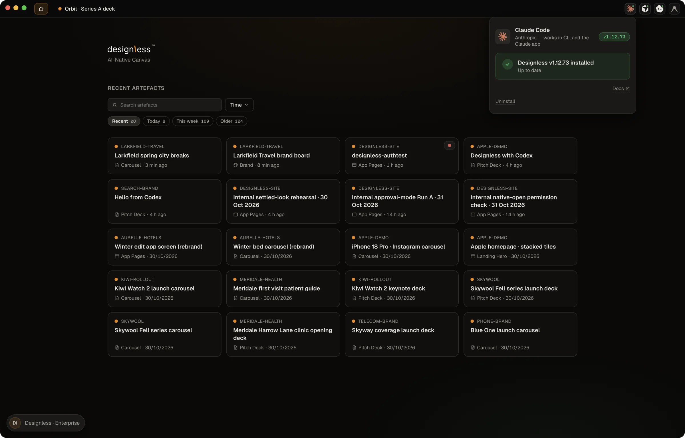 The install card in the Designless app with the agent choices.
