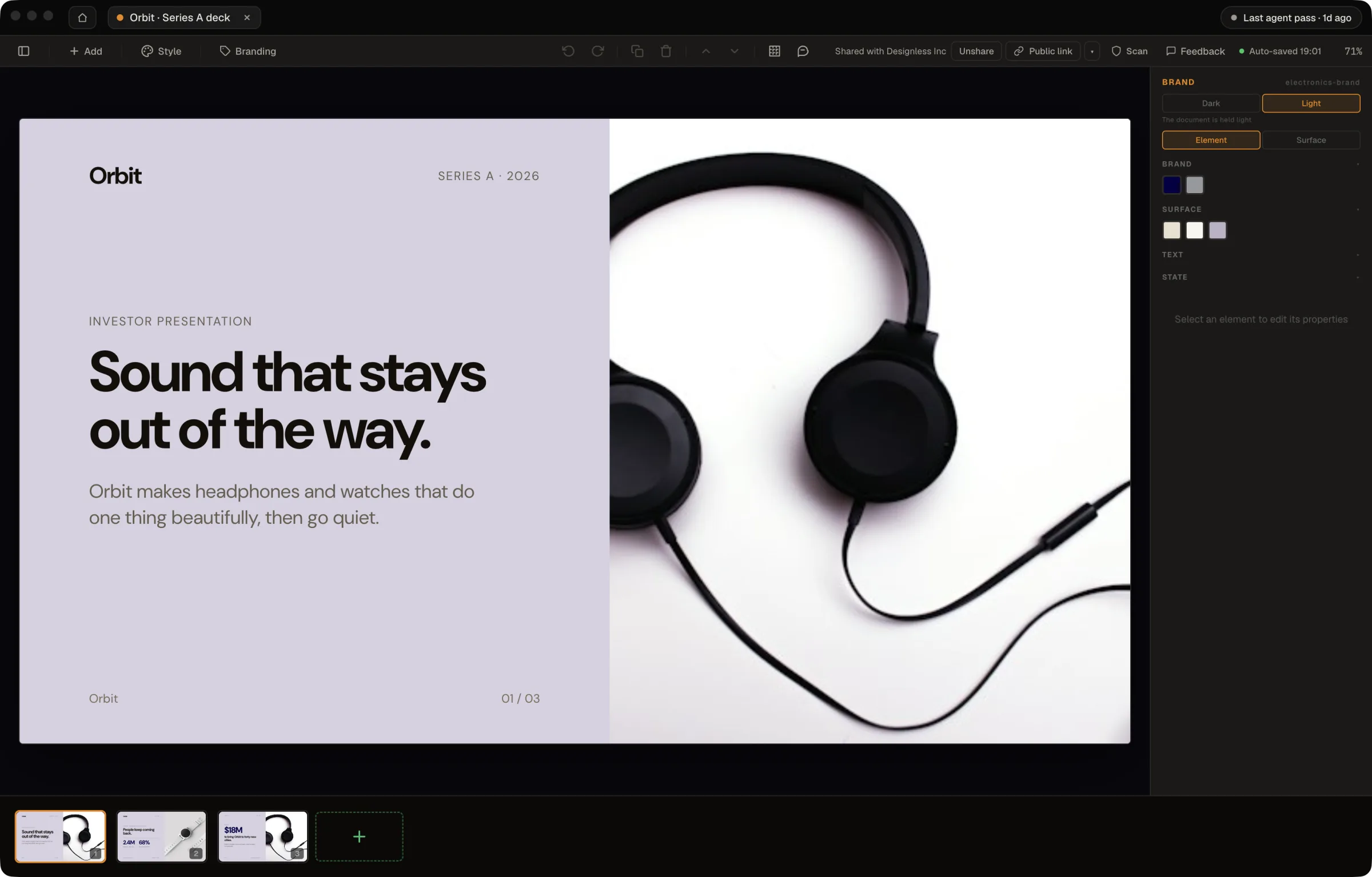 An agent's work on the canvas in the Designless app.