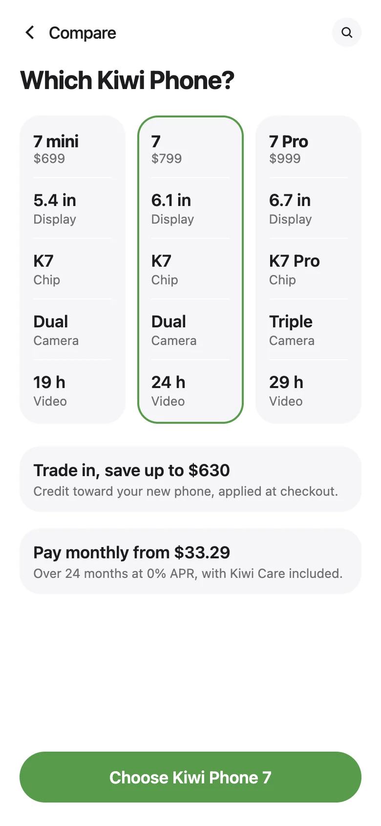 Kiwi store app, comparing phones