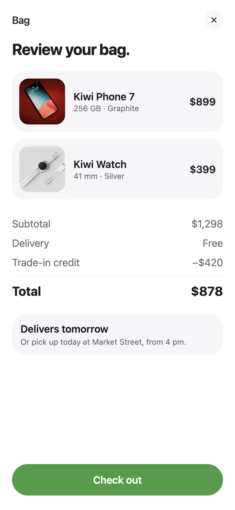Kiwi Store bag with order totals and delivery instructions