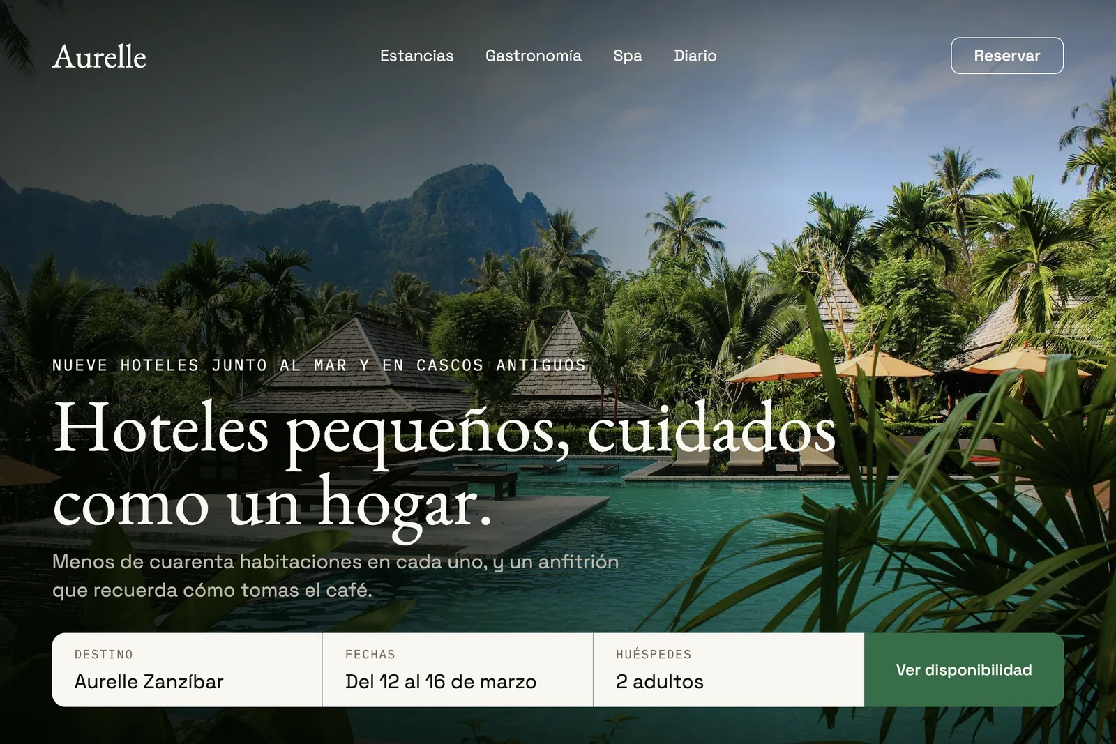 Aurelle Hotels website hero in Spanish