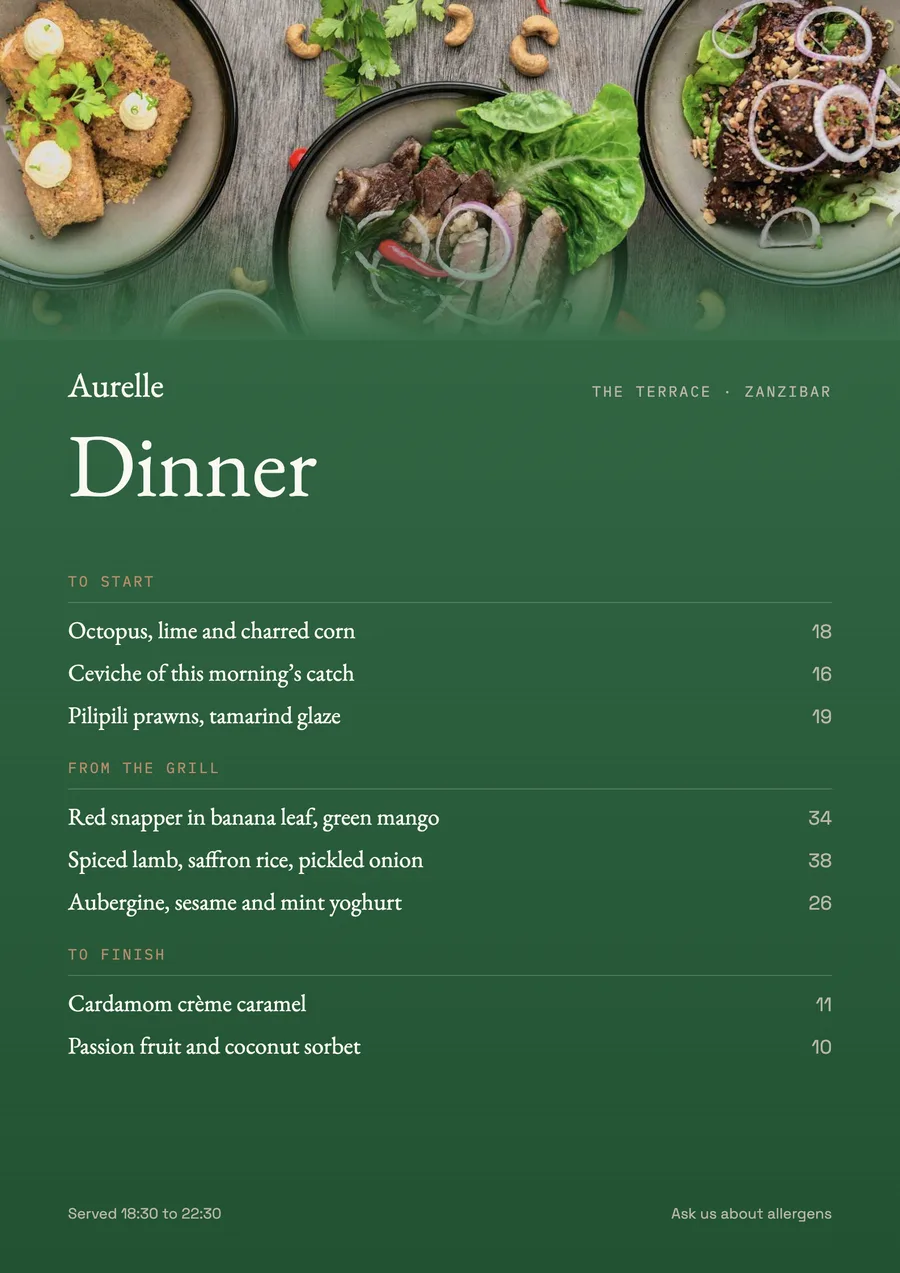 Aurelle terrace dinner menu